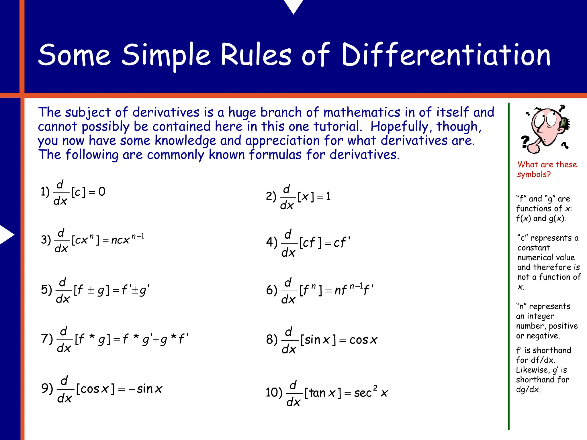 Some Simple Rules of Differentiation
The subject of derivatives is a huge branch of mathematics in of itself and
cannot possibly be contained here in this one tutorial. Hopefully, though,
you now have some knowledge and appreciation for what derivatives are.
The following are commonly known formulas for derivatives.
What are these
symbols?
“f” and “g” are
functions of x:
f(x) and g(x).
“c” represents a
constant
numerical value
and therefore is
not a function of
x.
“n” represents
an integer
number, positive
or negative.
f’ is shorthand
for df/dx.
Likewise, g’ is
shorthand for
dg/dx.
0
]
[
)
1 
c
dx
d
'
'
]
[
)
5 g
f
g
f
dx
d



'
*
'
*
]
*
[
)
7 f
g
g
f
g
f
dx
d


1
]
[
)
3 
 n
n
ncx
cx
dx
d
'
]
[
)
4 cf
cf
dx
d

x
x
dx
d
cos
]
[sin
)
8 
1
]
[
)
2 
x
dx
d
'
]
[
)
6 1
f
nf
f
dx
d n
n 

x
x
dx
d 2
sec
]
[tan
)
10 
x
x
dx
d
sin
]
[cos
)
9 

 