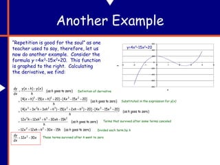 Another Example
“Repetition is good for the soul” as one
teacher used to say, therefore, let us
now do another example. Consider the
formula y =4x3-15x2+20. This function
is graphed to the right. Calculating
the derivative, we find:
-80
-60
-40
-20
0
20
40
60
-3 -2 -1 0 1 2 3 4 5
x
y
y=4x3–15x2+20
x
x
dx
dy
h
h
x
h
xh
x
h
h
h
xh
h
xh
h
x
h
h
x
x
h
xh
x
h
xh
h
x
x
h
h
x
x
h
x
h
x
h
h
x
y
h
x
y
dx
dy
30
12
)
zero
to
goes
as
(
15
30
12
12
)
zero
to
goes
as
(
15
30
12
12
)
zero
to
goes
as
(
]
20
15
4
[
]
20
)
2
(
15
)
3
3
(
4
[
)
zero
to
goes
as
(
]
20
15
4
[
]
20
)
(
15
)
(
4
[
)
zero
to
goes
as
(
)
(
)
(
2
2
2
2
3
2
2
2
3
2
2
3
2
2
3
2
3
2
3

































 Definition of derivative
Substituted in the expression for y(x)
Terms that survived after some terms canceled
Divided each term by h
These terms survived after h went to zero
 