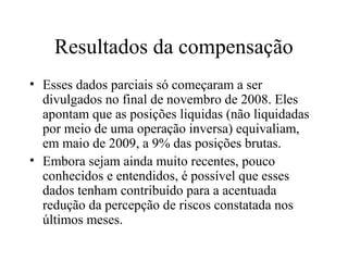 Resultados da compensação
• Esses dados parciais só começaram a ser
divulgados no final de novembro de 2008. Eles
apontam que as posições liquidas (não liquidadas
por meio de uma operação inversa) equivaliam,
em maio de 2009, a 9% das posições brutas.
• Embora sejam ainda muito recentes, pouco
conhecidos e entendidos, é possível que esses
dados tenham contribuído para a acentuada
redução da percepção de riscos constatada nos
últimos meses.
 