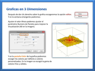 Después de dar clic derecho sobre la grafica escogeremos la opción editar.
Y en la ventana emergente podremos:

Ajustar el valor Ahora podemos ajustar el
parámetro Numero de Paneles para mejorar la
Visualización (40 en la imagen).




Y en la pestaña Color de la grafica podremos
escoger los colores por defecto o colores
personalizados. En la imagen se escogió la gama de
colores fríos y cálidos.
 