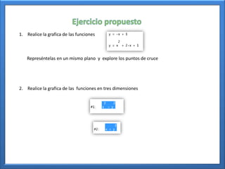1. Realice la grafica de las funciones



   Represéntelas en un mismo plano y explore los puntos de cruce




2. Realice la grafica de las funciones en tres dimensiones
 