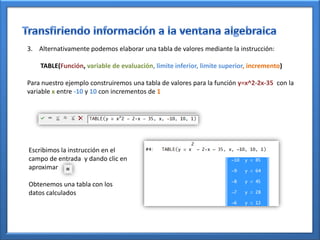 3. Alternativamente podemos elaborar una tabla de valores mediante la instrucción:

    TABLE(Función, variable de evaluación, limite inferior, limite superior, incremento)

Para nuestro ejemplo construiremos una tabla de valores para la función y=x^2-2x-35 con la
variable x entre -10 y 10 con incrementos de 1




Escribimos la instrucción en el
campo de entrada y dando clic en
aproximar

Obtenemos una tabla con los
datos calculados
 