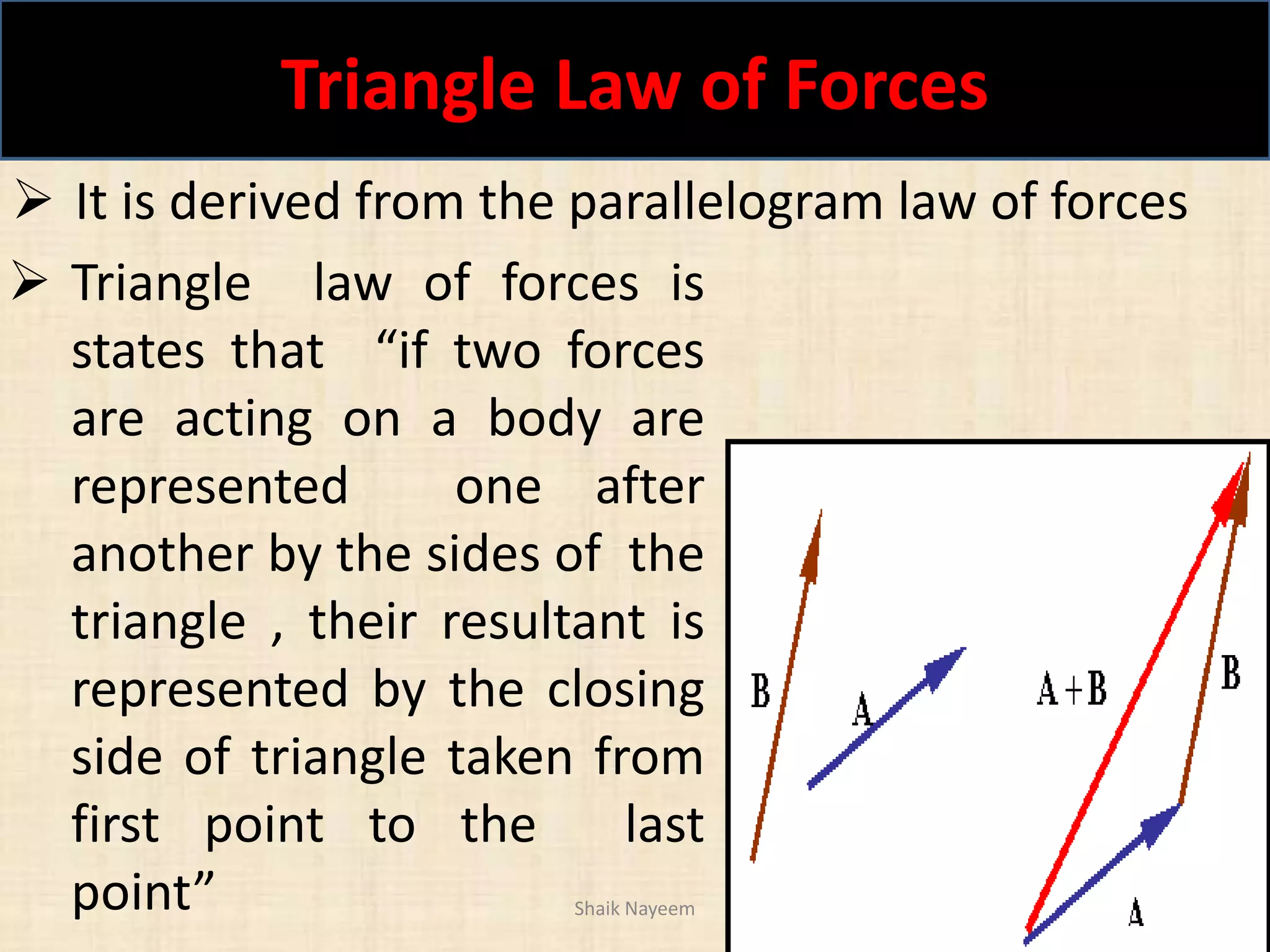 Triangle Law of Forces
Shaik Nayeem 4
 It is derived from the parallelogram law of forces
 Triangle law of forces is
states that “if two forces
are acting on a body are
represented one after
another by the sides of the
triangle , their resultant is
represented by the closing
side of triangle taken from
first point to the last
point”
 