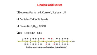Linoleic acid series
Sources: Peanut oil, Corn oil, Soybean oil.
 Contains 2 double bonds
 Formula: CnH2n-3 COOH
C9—C10; C12—C13
 