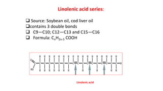 Linolenic acid series:
 Source: Soybean oil, cod liver oil
contains 3 double bonds
 C9—C10; C12—C13 and C15—C16
 Formula: CnH2n-5 COOH
Linolenic acid
 
