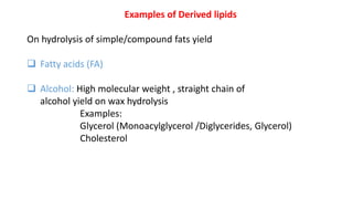 Examples of Derived lipids
On hydrolysis of simple/compound fats yield
 Fatty acids (FA)
 Alcohol: High molecular weight , straight chain of
alcohol yield on wax hydrolysis
Examples:
Glycerol (Monoacylglycerol /Diglycerides, Glycerol)
Cholesterol
 