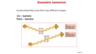Figure 5.5
Unsaturated fatty acids form two different shapes
Cis – Isomers
Trans – Isomers
Geometric Isomerism
 