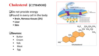 Cholesterol (C27H45OH)
Do not provide energy
Found in every cell in the body
 Brain, Nervous tissues (2%)
 Liver
 Skin
Sources:
 Butter
 Cream
 Yolk
 Meat
 Egg
 