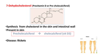 7-Dehydocholesterol (Provitamin D or Pre-cholecalciferol)
•Synthesis from cholesterol in the skin and intestinal wall
•Present in skin
Precholecalciferol  cholecalciferol (vit D3)
•Disease: Rickets
 