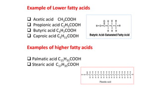 Example of Lower fatty acids
 Acetic acid CH3COOH
 Propionic acid C2H5COOH
 Butyric acid C3H7COOH
 Caproic acid C5H11COOH
Examples of higher fatty acids
 Palmatic acid C15H31COOH
 Stearic acid C17H35COOH
 