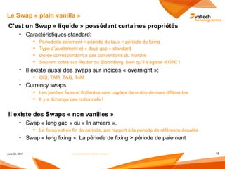 Le Swap « plain vanilla »
 C‘est un Swap « liquide » possédant certaines propriétés
         • Caractéristiques standard:
                   Périodicité paiement = période du taux = période du fixing
                   Type d’ajustement et « days gap » standard
                   Durée correspondant à des conventions du marché
                   Souvent cotés sur Reuter ou Bloomberg, bien qu’il s’agisse d’OTC !
         • Il existe aussi des swaps sur indices « overnight »:
                 OIS, TAM, TAG, T4M
         • Currency swaps
                 Les jambes fixes et flottantes sont payées dans des devises différentes
                 Il y a échange des notionnels !


 Il existe des Swaps « non vanilles »
         • Swap « long gap » ou « In arrears ».
                 Le fixing est en fin de période, par rapport à la période de référence écoulée
         • Swap « long fixing »: La période de fixing > période de paiement

June 30, 2012                      Les instruments dérivés de taux                                 16
 