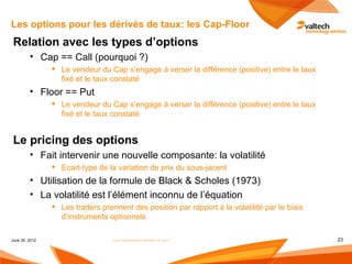 Les options pour les dérivés de taux: les Cap-Floor
 Relation avec les types d‘options
         • Cap == Call (pourquoi ?)
                 Le vendeur du Cap s’engage à verser la différence (positive) entre le taux
                  fixé et le taux constaté
         • Floor == Put
                 Le vendeur du Cap s’engage à verser la différence (positive) entre le taux
                  fixé et le taux constaté


 Le pricing des options
         • Fait intervenir une nouvelle composante: la volatilité
                 Ecart-type de la variation de prix du sous-jacent
         • Utilisation de la formule de Black & Scholes (1973)
         • La volatilité est l’élément inconnu de l’équation
                 Les traders prennent des position par rapport à la volatilité par le biais
                  d’instruments optionnels

June 30, 2012                     Les instruments dérivés de taux                              23
 