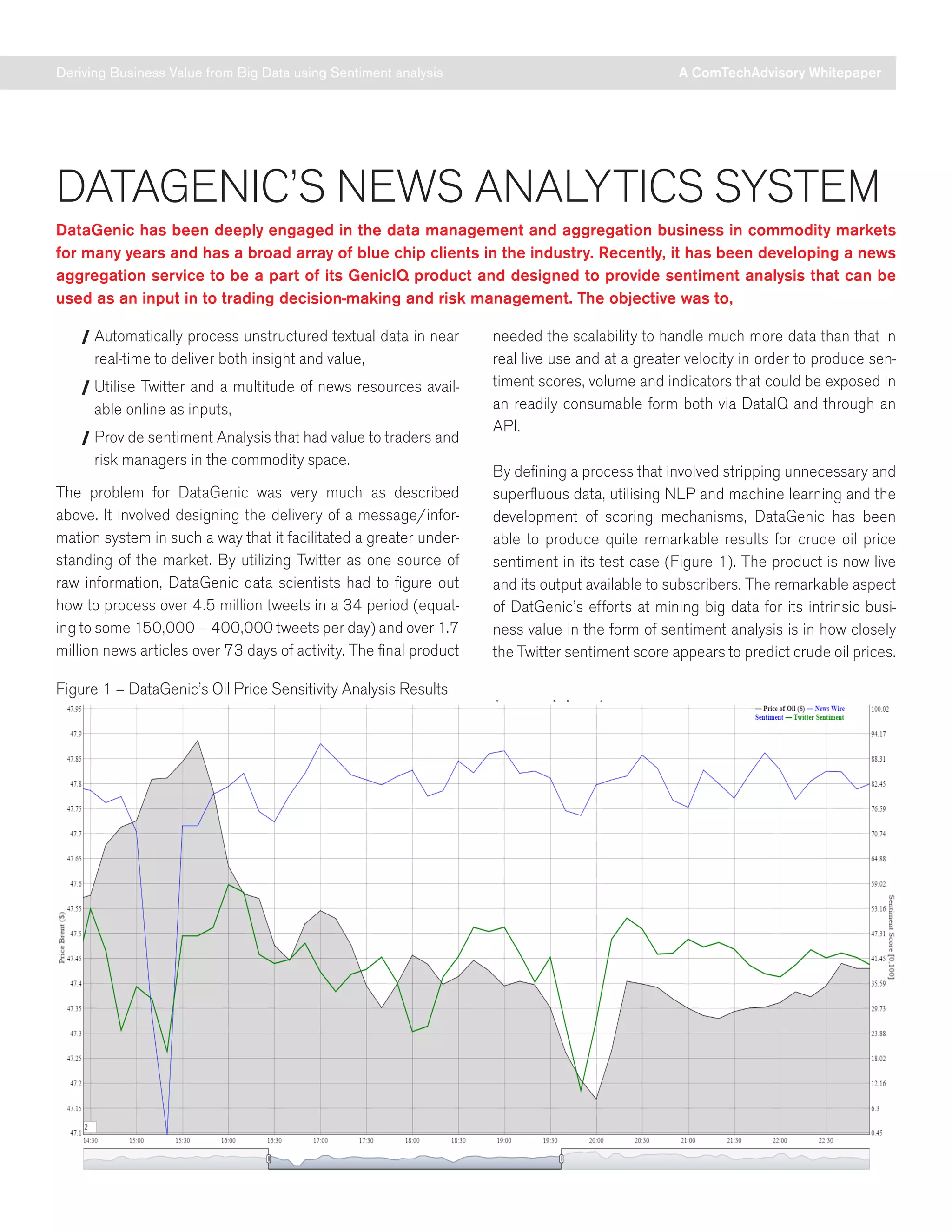 DATAGENIC’S NEWS ANALYTICS SYSTEM
DataGenic has been deeply engaged in the data management and aggregation business in commodity markets
for many years and has a broad array of blue chip clients in the industry. Recently, it has been developing a news
aggregation service to be a part of its GenicIQ product and designed to provide sentiment analysis that can be
used as an input in to trading decision-making and risk management. The objective was to,
/ Automatically process unstructured textual data in near
real-time to deliver both insight and value,
/ Utilise Twitter and a multitude of news resources avail-
able online as inputs,
/ Provide sentiment Analysis that had value to traders and
risk managers in the commodity space.
The problem for DataGenic was very much as described
above. It involved designing the delivery of a message/infor-
mation system in such a way that it facilitated a greater under-
standing of the market. By utilizing Twitter as one source of
raw information, DataGenic data scientists had to figure out
how to process over 4.5 million tweets in a 34 period (equat-
ing to some 150,000 – 400,000 tweets per day) and over 1.7
million news articles over 73 days of activity. The final product
needed the scalability to handle much more data than that in
real live use and at a greater velocity in order to produce sen-
timent scores, volume and indicators that could be exposed in
an readily consumable form both via DataIQ and through an
API.
By defining a process that involved stripping unnecessary and
superfluous data, utilising NLP and machine learning and the
development of scoring mechanisms, DataGenic has been
able to produce quite remarkable results for crude oil price
sentiment in its test case (Figure 1). The product is now live
and its output available to subscribers. The remarkable aspect
of DatGenic’s efforts at mining big data for its intrinsic busi-
ness value in the form of sentiment analysis is in how closely
the Twitter sentiment score appears to predict crude oil prices.
Deriving Business Value from Big Data using Sentiment analysis A ComTechAdvisory Whitepaper
Figure 1 – DataGenic’s Oil Price Sensitivity Analysis Results
 