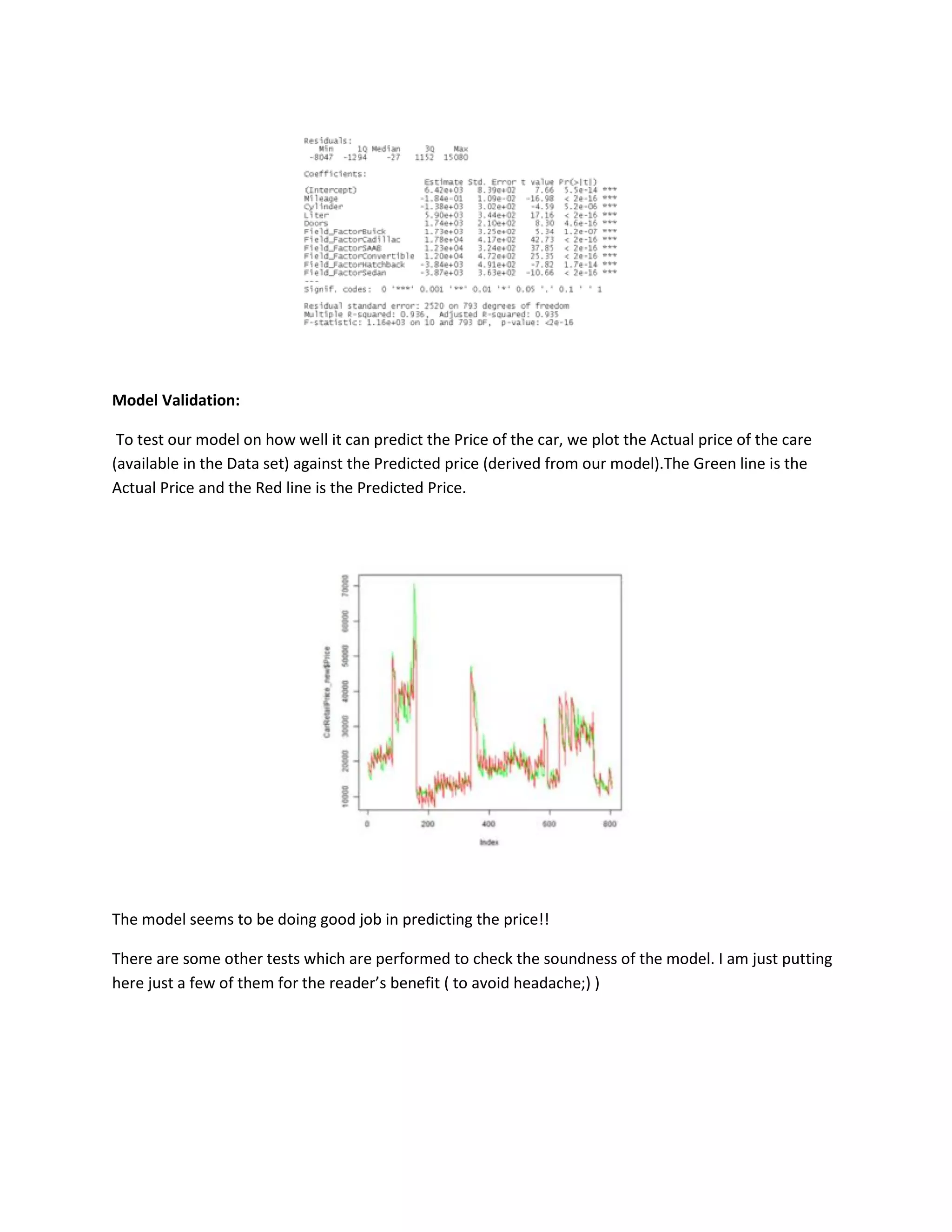 Model Validation:
To test our model on how well it can predict the Price of the car, we plot the Actual price of the care
(available in the Data set) against the Predicted price (derived from our model).The Green line is the
Actual Price and the Red line is the Predicted Price.

The model seems to be doing good job in predicting the price!!
There are some other tests which are performed to check the soundness of the model. I am just putting
here just a few of them for the reader’s benefit ( to avoid headache;) )

 