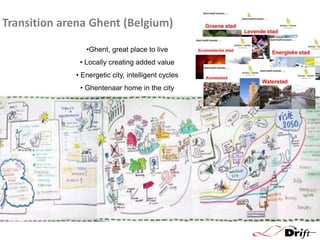Transition arena Ghent (Belgium)
•Ghent, great place to live
• Locally creating added value
• Energetic city, intelligent cycles
• Ghentenaar home in the city

 