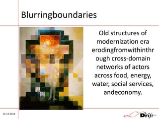 Blurringboundaries
Old structures of
modernization era
erodingfromwithinthr
ough cross-domain
networks of actors
across food, energy,
water, social services,
andeconomy.
12-12-2013

 