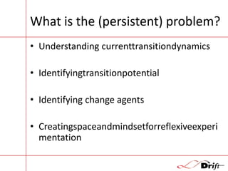 What is the (persistent) problem?
• Understanding currenttransitiondynamics
• Identifyingtransitionpotential

• Identifying change agents
• Creatingspaceandmindsetforreflexiveexperi
mentation

 