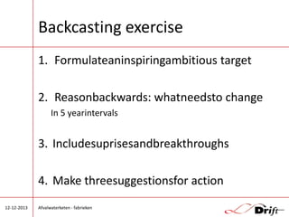 Backcasting exercise
1. Formulateaninspiringambitious target
2. Reasonbackwards: whatneedsto change
In 5 yearintervals

3. Includesuprisesandbreakthroughs

4. Make threesuggestionsfor action
12-12-2013

Afvalwaterketen - fabrieken

 