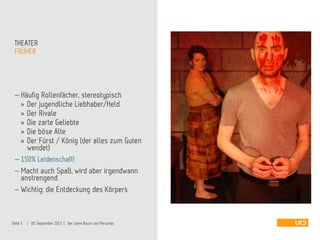 FRÜHER
THEATER
 Häufig Rollenfächer, stereotypisch
» Der jugendliche Liebhaber/Held
» Der Rivale
» Die zarte Geliebte
» Die böse Alte
» Der Fürst / König (der alles zum Guten
wendet)
 150% Leidenschaft!
 Macht auch Spaß, wird aber irgendwann
anstrengend.
 Wichtig: die Entdeckung des Körpers
Seite 5 | 09. September 2013 | Der Leere Raum und Personas
 