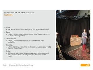  Bühne
» Drei Wände, unterschiedliche Aufgänge (mit/gegen die Handlung)
 Rampe
» Privater Moment, kurzer Ausflug aus der Rolle. Wie ein Zitat, direkt
an die Zuschauer gerichtet
 Die Vierte Wand
» Grenze / Sicherheitsabstand. Wir brauchen Abstand zum
beobachten
 Requisiten
» Setzen Akzente und stehen für ein Konzept. Sie werden glaubwürdig
ins Spiel eingebunden.
 Applaus
» Hebt die vierte Wand auf, der Vertrag zwischen Schauspieler und
Publikum endet. Alles wird aufgelöst und kehrt in die Realität
zurück.
ELEMENTE
DIE BRETTER DIE DIE WELT BEDEUTEN
Seite 9 | 09. September 2013 | Der Leere Raum und Personas
 