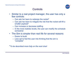 National Aeronautics and Space Administration




                                                Controls
        • Similar to a real project manager, the user has only a
          few controls:
                – Can ask her team to redesign the rocket*
                – Can ask her team to mitigate the risk that the rocket will lift a
                  smaller payload*
                – Can increase or decrease staffing
                – In the more realistic levels, the user can modify the schedule
                  somewhat
        • The Sim is simpler than real life for several reasons
                – Easier to build
                – Less apt to fool the user into thinking that the sim is
                  “complete”

        *To be described more fully on the next chart

                                                                               www.nasa.gov
 