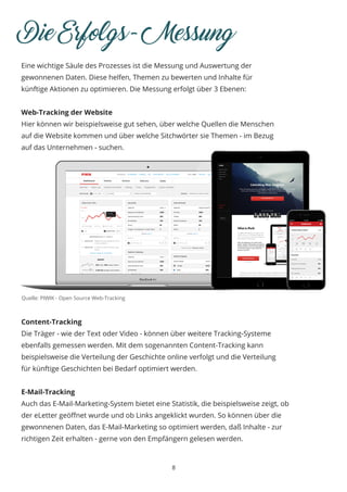 8
Die Erfolgs- Messung
Eine wichtige Säule des Prozesses ist die Messung und Auswertung der
gewonnenen Daten. Diese helfen, Themen zu bewerten und Inhalte für
künftige Aktionen zu optimieren. Die Messung erfolgt über 3 Ebenen:
Web-Tracking der Website
Hier können wir beispielsweise gut sehen, über welche Quellen die Menschen
auf die Website kommen und über welche Sitchwörter sie Themen - im Bezug
auf das Unternehmen - suchen.
Content-Tracking
Die Träger - wie der Text oder Video - können über weitere Tracking-Systeme
ebenfalls gemessen werden. Mit dem sogenannten Content-Tracking kann
beispielsweise die Verteilung der Geschichte online verfolgt und die Verteilung
für künftige Geschichten bei Bedarf optimiert werden.
E-Mail-Tracking
Auch das E-Mail-Marketing-System bietet eine Statistik, die beispielsweise zeigt, ob
der eLetter geöffnet wurde und ob Links angeklickt wurden. So können über die
gewonnenen Daten, das E-Mail-Marketing so optimiert werden, daß Inhalte - zur
richtigen Zeit erhalten - gerne von den Empfängern gelesen werden.
Quelle: PIWIK - Open Source Web-Tracking
 