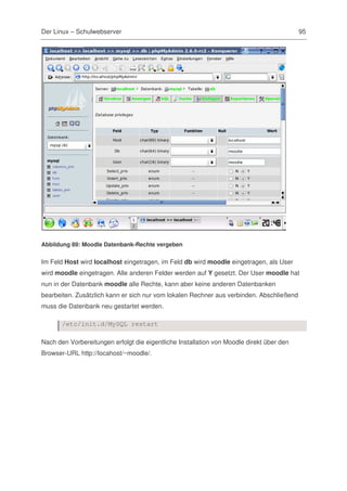 Der Linux – Schulwebserver                                                                95




Abbildung 89: Moodle Datenbank-Rechte vergeben


Im Feld Host wird localhost eingetragen, im Feld db wird moodle eingetragen, als User
wird moodle eingetragen. Alle anderen Felder werden auf Y gesetzt. Der User moodle hat
nun in der Datenbank moodle alle Rechte, kann aber keine anderen Datenbanken
bearbeiten. Zusätzlich kann er sich nur vom lokalen Rechner aus verbinden. Abschließend
muss die Datenbank neu gestartet werden.

       /etc/init.d/MySQL restart

Nach den Vorbereitungen erfolgt die eigentliche Installation von Moodle direkt über den
Browser-URL http://locahost/~moodle/.
 