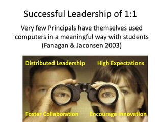 Implications for Professional LearningTeacher use is determined by their pedagogical beliefsInstruction Based =information search, typing, presentingInquiry Based =collaboration, authentic tasks choiceLoTi ScaleLevels of Technology Implementation