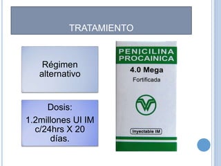 Régimen
alternativo
Dosis:
1.2millones UI IM
c/24hrs X 20
días.
TRATAMIENTO
 