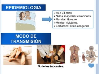 EPIDEMIOLOGIA
MODO DE
TRANSMISIÓN
15 a 34 años
Niños sospechar violaciones
Mundial: Hombre
México: ↑Mujeres.
Embarazo: Sífilis congénita
 