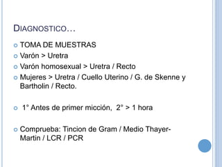 DIAGNOSTICO…
 TOMA DE MUESTRAS
 Varón > Uretra
 Varón homosexual > Uretra / Recto
 Mujeres > Uretra / Cuello Uterino / G. de Skenne y
Bartholin / Recto.
 1° Antes de primer micción, 2° > 1 hora
 Comprueba: Tincion de Gram / Medio Thayer-
Martin / LCR / PCR
 