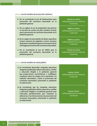 Fundación Universitaria de Ciencias de la Salud - FUCS
38
8.	No se recomienda el uso de betacaroteno para
prevención del carcinoma basocelular en la
población general.
9.	 No se sugiere el uso de polypodium leucotomos
ni extracto de corteza de pino marítimo francés
para la prevención de carcinoma basocelular en la
población general.
10.	No se sugiere la prescripción de dietas específicas
(mayor consumo de vegetales o menor consumo
degrasas)alapoblacióngeneralcomopartedelas
estrategiaspreventivasdelcarcinomabasocelular.
11.	No se recomienda el uso de AINES para la
prevención del carcinoma basocelular en la
población general.
12.	Se recomienda desarrollar campañas educativas
integrales(publicidad,tallereseducativos,cartillas
y educación dirigida a la población general)
que proporcionen conocimientos y modifiquen
conductas sobre los riesgos de la exposición a la
radiación ultravioleta y sobre la prevención del
carcinoma basocelular, priorizando la población
en edad escolar.
13.	Se recomienda que las campañas educativas
integrales(publicidad,tallereseducativos,cartillas
y educación dirigida a la población general) sean
reforzadas periódicamente para mantener la
adherencia a las intervenciones de prevención del
carcinoma basocelular, priorizando la población
en edad escolar.
Fuerte en contra
Calidad global de la evidencia,
moderada
Fuerte a favor
Calidad global de la evidencia,
moderada
Débil en contra
Calidad global de la evidencia,
moderada
Débil en contra
Calidad global de la evidencia,
moderada
Fuerte a favor
Calidad global de la evidencia,
moderada
Fuerte en contra
Calidad global de la evidencia,
moderada
3.6.2.3	 Uso de medidas de protección sistémica
3.6.2.4	Uso de medidas de salud pública
 