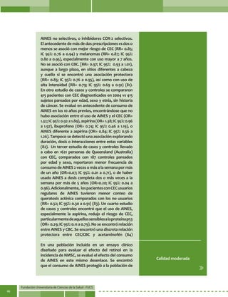 Fundación Universitaria de Ciencias de la Salud - FUCS
46
AINES no selectivos, o inhibidores COX-2 selectivos.
El antecedente de más de dos prescripciones vs dos o
menos se asoció con mejor riesgo de CEC (RR= 0.85;
IC 95%: 0.76 a 0.94) y melanomas (RR= 0.87; IC 95%:
0.80 a 0.95), especialmente con uso mayor a 7 años.
No se asoció con CBC. [RR= 0.97; IC 95%:  0.93 a 1.01),
aunque a largo plazo, en sitios diferentes a cabeza
y cuello sí se encontró una asociación protectora
(RR= 0.85; IC 95%: 0.76 a 0.95), así como con uso de
alta intensidad (RR= 0.79; IC 95%: 0.69 a 0.91) (81).
En otro estudio de casos y controles se compararon
415 pacientes con CEC diagnosticados en 2004 vs 415
sujetos pareados por edad, sexo y etnia, sin historia
de cáncer. Se evaluó en antecedente de consumo de
AINES en los 10 años previos, encontrándose que no
hubo asociación entre el uso de AINES y el CEC (OR=
1.32;IC95%:0.92a1.89),aspirina(OR=1.38;IC95%:0.96
a 1.97), ibuprofeno (OR= 0.74; IC 95%: 0.46 a 1.19), o
AINES diferente a aspirina (OR= 0.84; IC 95%: 0.56 a
1.26). Tampoco se detectó una asociación explorando
duración, dosis o interacciones entre estas variables
(82).  Un tercer estudio de casos y controles llevado
a cabo en 1621 personas de Queensland (Australia)
con CEC, comparados con 187 controles pareados
por edad y sexo, reportaron menor frecuencia de
consumodeAINES2vecesomásalasemanapormás
de un año (OR=0.07; IC 95%: 0.01 a 0.71), o de haber
usado AINES a dosis completa dos o más veces a la
semana por más de 5 años (OR=0.20; IC 95%: 0.04 a
0.96).Adicionalmente,  lospacientesconCECusuarios
regulares de AINES tuvieron menor conteo de
queratosis actínica comparados con los no usuarios
(RR= 0.52; IC 95%: 0.30 a 0.91) (83). Un cuarto estudio
de casos y controles encontró que el uso de AINES,
especialmente la aspirina, redujo el riesgo de CEC,
particularmentedeaquellossensiblesalaproteínap53
(OR= 0.29; IC 95%: 0.11 a 0.79). No se encontró relación
entre AINES y CBC. Se encontró una discreta relación
protectora entre CEC/CBC y acetaminofén (84)
En una población incluida en un ensayo clínico
diseñado para evaluar el efecto del retinol en la
incidencia de NMSC, se evaluó el efecto del consumo
de AINES en este mismo desenlace. Se encontró
que el consumo de AINES protegió a la población de
Calidad moderada
 
