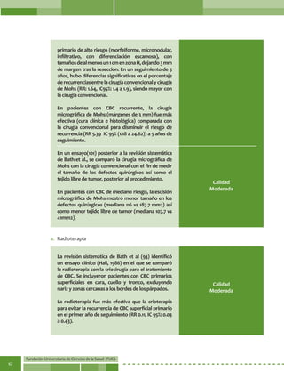 Fundación Universitaria de Ciencias de la Salud - FUCS
62
Calidad
Moderada
Calidad
Moderada
primario de alto riesgo (morfeiforme, micronodular,
infiltrativo, con diferenciación escamosa), con
tamañosdealmenosun1cmenzonaH,dejando3mm
de margen tras la resección. En un seguimiento de 5
años, hubo diferencias significativas en el porcentaje
derecurrenciasentrelacirugíaconvencionalycirugía
de Mohs (RR: 1.64, IC95%: 1.4 a 1.9), siendo mayor con
la cirugía convencional.
En pacientes con CBC recurrente, la cirugía
micrográfica de Mohs (márgenes de 3 mm) fue más
efectiva (cura clínica e histológica) comparada con
la cirugía convencional para disminuir el riesgo de
recurrencia (RR 5.39  IC 95% (1.18 a 24.62)) a 5 años de
seguimiento.
En un ensayo(101) posterior a la revisión sistemática
de Bath et al., se comparó la cirugía micrográfica de
Mohs con la cirugía convencional con el fin de medir
el tamaño de los defectos quirúrgicos así como el
tejido libre de tumor, posterior al procedimiento.
En pacientes con CBC de mediano riesgo, la escisión
micrográfica de Mohs mostró menor tamaño en los
defectos quirúrgicos (mediana 116 vs 187.7 mm2) así
como menor tejido libre de tumor (mediana 107.7 vs
41mm2).
La revisión sistemática de Bath et al (93) identificó
un ensayo clínico (Hall, 1986) en el que se comparó
la radioterapia con la criocirugía para el tratamiento
de CBC. Se incluyeron pacientes con CBC primarios
superficiales en cara, cuello y tronco, excluyendo
nariz y zonas cercanas a los bordes de los párpados.
La radioterapia fue más efectiva que la crioterapia
para evitar la recurrencia de CBC superficial primario
en el primer año de seguimiento (RR 0.11, IC 95%: 0.03
a 0.43).
a.	 Radioterapia
 