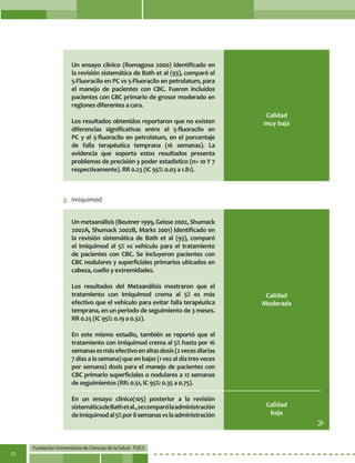 Fundación Universitaria de Ciencias de la Salud - FUCS
72
Un ensayo clínico (Romagosa 2000) identificado en
la revisión sistemática de Bath et al (93), comparó el
5-Fluoracilo en PC vs 5-Fluoracilo en petrolatum, para
el manejo de pacientes con CBC. Fueron incluidos
pacientes con CBC primario de grosor moderado en
regiones diferentes a cara.
Los resultados obtenidos reportaron que no existen
diferencias significativas entre el 5-fluoracilo en
PC y el 5-fluoracilo en petrolatum, en el porcentaje
de falla terapéutica temprana (16 semanas). La
evidencia que soporta estos resultados presenta
problemas de precisión y poder estadístico (n= 10 Y 7
respectivamente). RR 0.23 (IC 95%: 0.03 a 1.81).
Calidad
muy baja
Calidad
Moderada
Un metaanálisis (Beutner 1999, Geisse 2002, Shumack
2002A, Shumack 2002B, Marks 2001) identificado en
la revisión sistemática de Bath et al (93), comparó
el Imiquimod al 5% vs vehículo para el tratamiento
de pacientes con CBC. Se incluyeron pacientes con
CBC nodulares y superficiales primarios ubicados en
cabeza, cuello y extremidades.
Los resultados del Metaanálisis mostraron que el
tratamiento con Imiquimod crema al 5% es más
efectivo que el vehículo para evitar falla terapéutica
temprana, en un periodo de seguimiento de 3 meses.
RR 0.25 (IC 95%: 0.19 a 0.32).
En este mismo estudio, también se reportó que el
tratamiento con Imiquimod crema al 5% hasta por 16
semanasesmásefectivoenaltasdosis(2vecesdiarias
7 días a la semana) que en bajas (1 vez al día tres veces
por semana) dosis para el manejo de pacientes con
CBC primario superficiales o nodulares a 12 semanas
de seguimientos (RR: 0.51, IC 95%: 0.35 a 0.75).
En un ensayo clínico(105) posterior a la revisión
sistemáticadeBathetal.,secomparólaadministración
deimiquimodal5%por8semanasvslaadministración
g.	 Imiquimod
Calidad
baja
 
