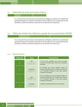Fundación Universitaria de Ciencias de la Salud - FUCS
88
5.1	 Definición de Guía de Práctica Clínica
5.2	 Tablas de niveles de evidencia y grado de recomendación GRADE
Es un documento que incluye recomendaciones dirigidas a optimizar el cuidado del
paciente basado en revisiones sistemáticas de la evidencia y en la evaluación de los
beneficios y daños de distintas opciones en la atención a la salud (16).
Es un documento que incluye recomendaciones dirigidas a optimizar el cuidado del
paciente basado en revisiones sistemáticas de la evidencia y en la evaluación de los
beneficios y daños de distintas opciones en la atención a la salud (16).
5.2.1	 Nivel de evidencia
Calificación
A
B
C
D
Juicio
Alta
Moderada
Baja
Muy baja
Características
Es muy poco probable que nuevos estudios
cambien la confianza que se tiene en el resultado
estimado.
Es probable que nuevos estudios tengan un
impacto importante en la confianza que se tiene
en el resultado estimado y que estos puedan
modificar el resultado.
Es muy probable que nuevos estudios tengan un
impacto importante en la confianza que se tiene
en el resultado estimado y que estos puedan
modificar el resultado.
Cualquier resultado estimado es muy incierto
 