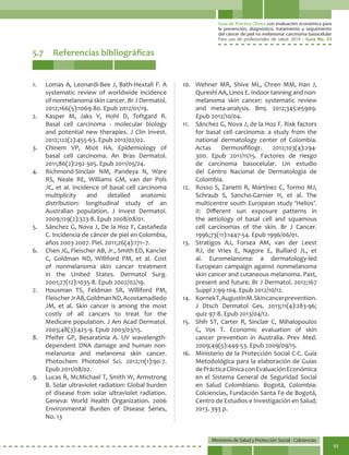 Guía de Práctica Clínica con evaluación económica para
la prevención, diagnóstico, tratamiento y seguimiento
del cáncer de piel no melanoma: carcinoma basocelular
Para uso de profesionales de salud. 2014 - Guía No. 33
Ministerio de Salud y Protección Social - Colciencias
93
5.7	 Referencias bibliográficas
1.	 Lomas A, Leonardi-Bee J, Bath-Hextall F. A
systematic review of worldwide incidence
of nonmelanoma skin cancer. Br J Dermatol.
2012;166(5):1069-80. Epub 2012/01/19.
2.	 Kasper M, Jaks V, Hohl D, Toftgard R.
Basal cell carcinoma - molecular biology
and potential new therapies. J Clin Invest.
2012;122(2):455-63. Epub 2012/02/02.
3.	 Chinem VP, Miot HA. Epidemiology of
basal cell carcinoma. An Bras Dermatol.
2011;86(2):292-305. Epub 2011/05/24.
4.	 Richmond-Sinclair NM, Pandeya N, Ware
RS, Neale RE, Williams GM, van der Pols
JC, et al. Incidence of basal cell carcinoma
multiplicity and detailed anatomic
distribution: longitudinal study of an
Australian population. J Invest Dermatol.
2009;129(2):323-8. Epub 2008/08/01.
5.	 Sánchez G, Nova J, De la Hoz F, Castañeda
C. Incidencia de cáncer de piel en Colombia,
años 2003-2007. Piel. 2011;26(4):171–7.
6.	 Chen JG, Fleischer AB, Jr., Smith ED, Kancler
C, Goldman ND, Williford PM, et al. Cost
of nonmelanoma skin cancer treatment
in the United States. Dermatol Surg.
2001;27(12):1035-8. Epub 2002/02/19.
7.	 Housman TS, Feldman SR, Williford PM,
FleischerJrAB,GoldmanND,Acostamadiedo
JM, et al. Skin cancer is among the most
costly of all cancers to treat for the
Medicare population. J Am Acad Dermatol.
2003;48(3):425-9. Epub 2003/03/15.
8.	 Pfeifer GP, Besaratinia A. UV wavelength-
dependent DNA damage and human non-
melanoma and melanoma skin cancer.
Photochem Photobiol Sci. 2012;11(1):90-7.
Epub 2011/08/02.
9.	 Lucas R, McMichael T, Smith W, Armstrong
B. Solar ultraviolet radiation: Global burden
of disease from solar ultraviolet radiation.
Geneva: World Health Organization. 2006
Environmental Burden of Disease Series,
No. 13
10.	 Wehner MR, Shive ML, Chren MM, Han J,
Qureshi AA, Linos E. Indoor tanning and non-
melanoma skin cancer: systematic review
and meta-analysis. Bmj. 2012;345:e5909.
Epub 2012/10/04.
11.	 Sánchez G, Nova J, de la Hoz F. Risk factors
for basal cell carcinoma: a study from the
national dermatology center of Colombia.
Actas Dermosifiliogr. 2012;103(4):294-
300. Epub 2011/11/15. Factores de riesgo
de carcinoma basocelular. Un estudio
del Centro Nacional de Dermatologia de
Colombia.
12.	 Rosso S, Zanetti R, Martínez C, Tormo MJ,
Schraub S, Sancho-Garnier H, et al. The
multicentre south European study ‘Helios’.
II: Different sun exposure patterns in
the aetiology of basal cell and squamous
cell carcinomas of the skin. Br J Cancer.
1996;73(11):1447-54. Epub 1996/06/01.
13.	 Stratigos AJ, Forsea AM, van der Leest
RJ, de Vries E, Nagore E, Bulliard JL, et
al. Euromelanoma: a dermatology-led
European campaign against nonmelanoma
skin cancer and cutaneous melanoma. Past,
present and future. Br J Dermatol. 2012;167
Suppl 2:99-104. Epub 2012/10/12.
14.	 KornekT,AugustinM.Skincancerprevention.
J Dtsch Dermatol Ges. 2013;11(4):283-96;
quiz 97-8. Epub 2013/04/12.
15.	 Shih ST, Carter R, Sinclair C, Mihalopoulos
C, Vos T. Economic evaluation of skin
cancer prevention in Australia. Prev Med.
2009;49(5):449-53. Epub 2009/09/15.
16.	 Ministerio de la Protección Social C-C. Guía
Metodológica para la elaboración de Guías
dePrácticaClínicaconEvaluaciónEconómica
en el Sistema General de Seguridad Social
en Salud Colombiano. Bogotá, Colombia:
Colciencias, Fundación Santa Fe de Bogotá,
Centro de Estudios e Investigación en Salud;
2013. 393 p.
 
