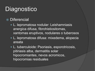Diagnostico
 Diferencial
 L. lepromatosa nodular: Leishamniasis
anergica difusa, fibrohistiositomas,
xantomas eruptivos, nodulares o tuberosos
 L. lepromatosa difusa: mixedema, alopecia
areata
 L. tuberculoide: Psoriasis, esporotricosis,
pitiriasis alba, dermatitis solar
hipocromiantes, nevos acromicos,
hipocromias residuales
 