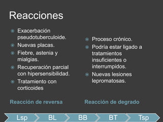 Reacciones
Reacción de reversa Reacción de degrado
Lsp BL BB BT Tsp
 Proceso crónico.
 Podría estar ligado a
tratamientos
insuficientes o
interrumpidos.
 Nuevas lesiones
lepromatosas.
 Exacerbación
pseudotuberculoide.
 Nuevas placas.
 Fiebre, astenia y
mialgias.
 Recuperación parcial
con hipersensibilidad.
 Tratamiento con
corticoides
 