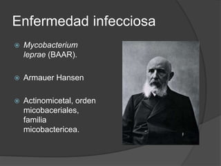 Enfermedad infecciosa
 Mycobacterium
leprae (BAAR).
 Armauer Hansen
 Actinomicetal, orden
micobaceriales,
familia
micobactericea.
 
