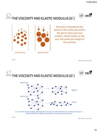 17/05/2016
52
THE VISCOSITY AND ELASTIC MODULUS (G`)
09/04/2016
Viscosity is dictated by the
ability of the molecules within
the gel to move past one
another, which relates to the
size and molecular weight of
the particles
SRPS • Volume 11 • Issue C6 • 2015
THE VISCOSITY AND ELASTIC MODULUS (G`)
09/04/2016
G` is a function of bond strength, which determines the degree to which the bonds can stretch when stresses. G`
therefore reflects the ability of the bonds to resist expansion and contraction
SRPS • Volume 11 • Issue C6 • 2015
 