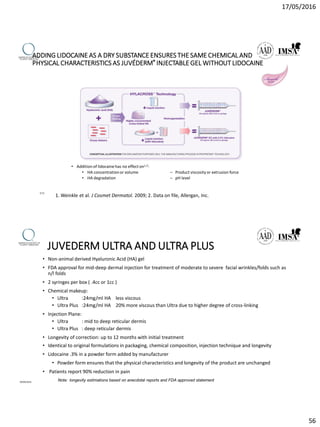 17/05/2016
56
ADDING LIDOCAINE AS A DRY SUBSTANCE ENSURES THE SAME CHEMICAL AND
PHYSICAL CHARACTERISTICS AS JUVÉDERM® INJECTABLE GEL WITHOUT LIDOCAINE
111
• Addition of lidocaine has no effect on1,2:
• HA concentrationor volume – Product viscosity or extrusion force
• HA degradation – pH level
1. Weinkle et al. J Cosmet Dermatol. 2009; 2. Data on file, Allergan, Inc.
JUVEDERM ULTRA AND ULTRA PLUS
• Non-animal derived Hyaluronic Acid (HA) gel
• FDA approval for mid-deep dermal injection for treatment of moderate to severe facial wrinkles/folds such as
n/l folds
• 2 syringes per box ( .4cc or 1cc )
• Chemical makeup:
• Ultra :24mg/ml HA less viscous
• Ultra Plus :24mg/ml HA 20% more viscous than Ultra due to higher degree of cross-linking
• Injection Plane:
• Ultra : mid to deep reticular dermis
• Ultra Plus : deep reticular dermis
• Longevity of correction: up to 12 months with initial treatment
• Identical to original formulations in packaging, chemical composition, injection technique and longevity
• Lidocaine .3% in a powder form added by manufacturer
• Powder form ensures that the physical characteristics and longevity of the product are unchanged
• Patients report 90% reduction in pain
Note: longevity estimations based on anecdotal reports and FDA approved statement09/04/2016
 