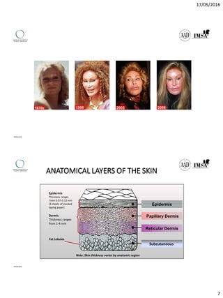 17/05/2016
7
09/04/2016
ANATOMICAL LAYERS OF THE SKIN
Epidermis
Thickness ranges
from 0.07-0.12 mm
(3 sheets of stacked
typing paper)
Fat Lobules
Dermis
Thickness ranges
from 1-4 mm
Note: Skin thickness varies by anatomic region
Subcutaneous
Papillary Dermis
Reticular Dermis
Epidermis
09/04/2016
 