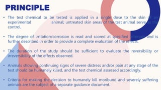 PRINCIPLE
• The test chemical to be tested is applied in a single dose to the skin of an
experimental animal; untreated skin areas of the test animal serve as the
control.
• The degree of irritation/corrosion is read and scored at specified intervals and is
further described in order to provide a complete evaluation of the effects.
• The duration of the study should be sufficient to evaluate the reversibility or
irreversibility of the effects observed.
• Animals showing continuing signs of severe distress and/or pain at any stage of the
test should be humanely killed, and the test chemical assessed accordingly.
• Criteria for making the decision to humanely kill moribund and severely suffering
animals are the subject of a separate guidance document.
 