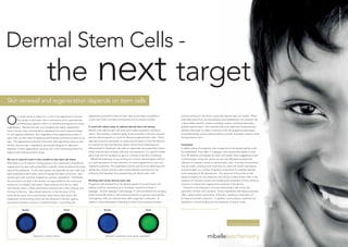Picture Copyright: ddrccl
Dermal Stem Cells -
                                        the                                               next target
Skin renewal and regeneration depends on stem cells


O
          ur body’s tissue is subject to a continuous regeneration process.       regenerative potential of dermal stem cells would make it possible to              positive staining for the Sox2, a proposed dermal stem cell marker. When
          The ability of adult stem cells to self-renew and to generate fast      correct loss of skin firmness and elasticity and to prevent wrinkles.              cells dissociated from primary spheres were seeded back into classical cell
          proliferating progenitor cells is an absolute prerequisite for tissue                                                                                      culture dishes used for routine monolayer culture, numerous secondary
regeneration. Because the skin is an exceptionally highly regenerative            A novel cell culture assay to address dermal stem cell activity                    spheres were formed. This indicates that once cells have formed primary
tissue, the skin stem cell population represents the most important target        Details of the dermal stem cell niche and marker expression remained               spheres, they seem to retain a memory of the 3D progenitor phenotype,
for anti-ageing treatments. But, regardless of the regenerative power of          scarce. But recently, a research group at the University of Toronto showed         and preferentially re-form spheres where normally monolayer cultures would
stem cells, our skin loses its elasticity and firmness and forms wrinkles as we   that the dermal papilla is a niche for dermal progenitor/stem cells. These         be expected to form.
age. The regenerative potential of the stem cells apparently does not last        cells were found to self-renew, to induce the formation of hair follicles and
forever; they too age. Ingredients, specifically designed to delay the            to migrate into the inter-follicular dermis where they proliferated and            Conclusion
depletion of their regeneration capacity, are a most promising solution to        differentiated to fibroblast cells, able to regenerate the extracellular matrix.   A stable culture of progenitor cells isolated from the dermal papilla could
keeping skin looking youthful longer.                                             Other characteristics of these cells were the expression of a specific marker      be established. Even after 11 passages, cells retained the ability to both
                                                                                  gene Sox2 and the tendency to grow in colonies in the form of spheres.             form 3D spheres and express the stem cell marker Sox2, suggesting a stem
We are in need of novel in vitro models to test stem cell claims                    Mibelle Biochemistry is now working on a human dermal papilla cell line          cell phenotype. Using this culture we can now effectively evaluate the
Meanwhile a lot of research is being done on the mechanism of epidermal           as a new test system for the evaluation of active ingredients for stem cell        influence of cosmetic actives on dermal stem cells. A variety of evaluations
regeneration by stem cells embedded in specific niches located at the basal       vitalization potential. The established cell line was found to effectively form    may be made, including both molecular (i.e. stem cell marker expression)
layer of the epidermis. In vitro test systems using epidermal stem cells have     sphere-like colonies and the cells in those spheres were found to be               and phenotypic (i.e. number of spheres, proportion of complete spheres,
been established which allow claims for epidermal stem cell actives. Also         uniformly Sox2-labelled, thus representing real dermal stem cells.                 serial passaging of 3D spheres etc). This approach will provide us with
dermal stem cells could be targeted by cosmetic ingredients. Fibroblasts,                                                                                            detailed insights into the behaviour and activity of dermal stem cells in the
the prominent cell type in the dermis, are responsible for the continuous         Working with human dermal stem cells                                               presence of cosmetic actives, thus enabling the evaluation of their ability to
production of collagen and elastin. These proteins form the so called             Progenitor cells isolated from the dermal papilla of excised human hair            maintain or restore their regenerative potential in the dermis.
extracellular matrix, a three dimensional structure that confer elasticity and    follicles could be maintained as a monolayer culture for at least 11                 Protection and vitalization of human dermal stem cells is the next
firmness to the skin. Age-related reduction in the formation of the               passages. At both passage 3 and passage 11 cells transferred into hanging          generation of stem cell cosmetics. Active ingredients with these properties
extracellular matrix and environmental stress factors that lead to the            drops formed 3D spheres, demonstrating that this important characteristic          offer a deep-seated rejuvenation of the skin, resulting in restoration of
breakdown of the existing matrix are key elements in the skin ageing              of progenitor cells was retained even after longer-term cultivation. In            firmness and wrinkle reduction. In addition, such products could also be
process and directly involved in wrinkle formation. Controlling the               addition, immunofluorescent labelling of whole mount spheres showed                beneficial in wound healing and the treatment of stretch marks.


               Nuclei                                     Sox2                                    Nuclei                                     Sox2                    Mibelle AG Biochemistry, Stand E70




                          Spheres in control culture                                               Spheres in presence of an active ingredient
 