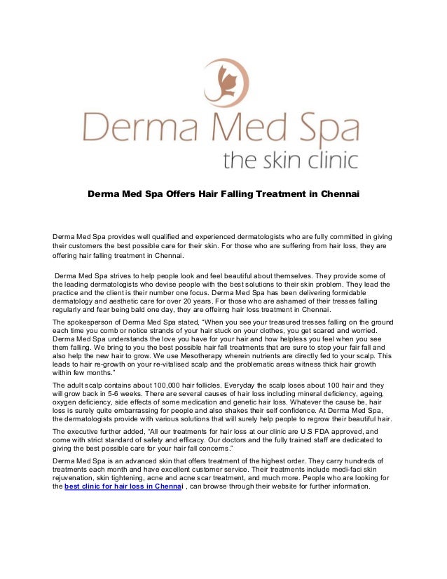 Derma med spa offers hair falling treatment in chennai