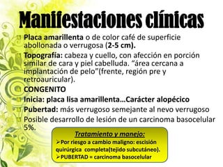 Manifestaciones clínicas
Placa amarillenta o de color café de superficie
abollonada o verrugosa (2-5 cm).
Topografía: cabeza y cuello, con afección en porción
similar de cara y piel cabelluda. “área cercana a
implantación de pelo”(frente, región pre y
retroauricular).
CONGENITO
Inicia: placa lisa amarillenta…Carácter alopécico
Pubertad: más verrugoso semejante al nevo verrugoso
Posible desarrollo de lesión de un carcinoma basocelular
5%.
                Tratamiento y manejo:
         Por riesgo a cambio maligno: escisión
         quirúrgica completa(tejido subcutáneo).
         PUBERTAD = carcinoma basocelular
 