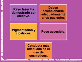 Deben
 Rayo laser ha
                  seleccionarse
demostrado ser
                 adecuadamente
   efectivo.
                 a los pacientes


Pigmentación y
                 Poco accesible.
  cicatrices.


         Conducta más
         adecuada es el
            uso de
          cosmeticos.
 