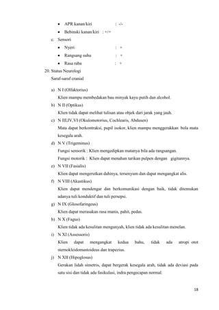 APR kanan/kiri                : -/-
          Bebinski kanan/kiri : +/+
   c. Sensori
          Nyeri                         : +
          Rangsang suhu                 : +
          Rasa raba                     : +
20. Status Neurologi
   Saraf-saraf cranial

   a) N I (Olfaktorius)
       Klien mampu membedakan bau minyak kayu putih dan alcohol.
   b) N II (Optikus)
       Klien tidak dapat melihat tulisan atau objek dari jarak yang jauh.
   c) N III,IV,VI (Okulomotorius, Cochlearis, Abdusen)
       Mata dapat berkontraksi, pupil isokor, klien mampu menggerakkan bola mata
       kesegala arah.
   d) N V (Trigeminus)
       Fungsi sensorik : Klien mengedipkan matanya bila ada rangsangan.
       Fungsi motorik : Klien dapat menahan tarikan pulpen dengan gigitannya.
   e) N VII (Fasialis)
       Klien dapat mengerutkan dahinya, tersenyum dan dapat mengangkat alis.
   f) N VIII (Akustikus)
       Klien dapat mendengar dan berkomunikasi dengan baik, tidak ditemukan
       adanya tuli konduktif dan tuli persepsi.
   g) N IX (Glosofaringeus)
       Klien dapat merasakan rasa manis, pahit, pedas.
   h) N X (Fagus)
       Klien tidak ada kesulitan mengunyah, klien tidak ada kesulitan menelan.
   i) N XI (Assessoris)
       Klien    dapat     mengangkat     kedua     bahu,    tidak     ada   atropi otot
       sternokleidomastoideus dan trapezius.
   j) N XII (Hipoglosus)
       Gerakan lidah simetris, dapat bergerak kesegala arah, tidak ada deviasi pada
       satu sisi dan tidak ada fasikulasi, indra pengecapan normal.


                                                                                    18
 