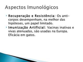    Recuperação e Resistência: Os anti-
    corpos desempenham, na melhor das
    hipóteses, um papel limitado.
   Imunização Artificial: Vacinas inativas e
    vivas atenuadas, são usadas na Europa.
    Eficácia em gatos.
 